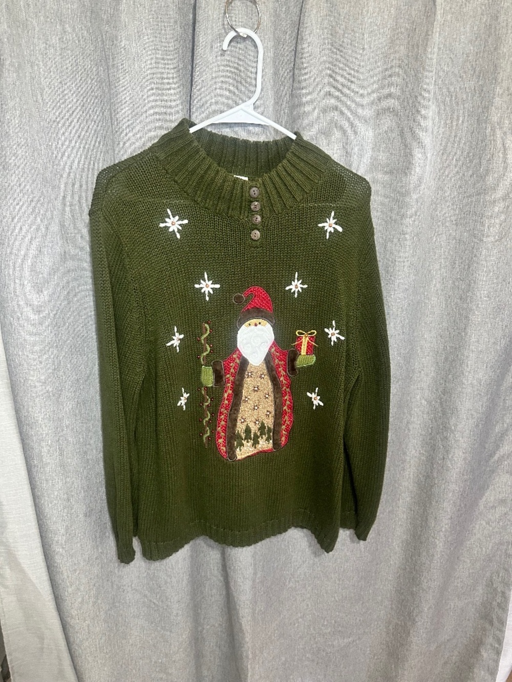 Vintage Mandal Bay Santa Christmas Sweater Green Knit Button Neck XL